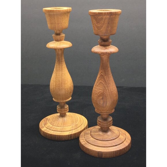 Vintage Hand Turned Wooden Candlesticks Taper Holders Two-Toned 7.5" Tall - Picture 12 of 16